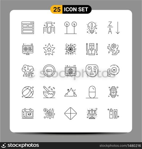 Pack of 25 Modern Lines Signs and Symbols for Web Print Media such as alphabetical, information, gas, idea, plant Editable Vector Design Elements