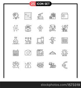 Pack of 25 Modern Lines Signs and Symbols for Web Print Media such as celebrate, bang, architecture, summer, bag Editable Vector Design Elements