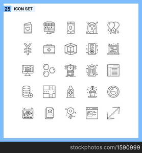 Pack of 25 Modern Lines Signs and Symbols for Web Print Media such as fly, study, mobile, owl, bird Editable Vector Design Elements