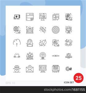 Pack of 25 Modern Lines Signs and Symbols for Web Print Media such as internet, message, tools, education, chat Editable Vector Design Elements