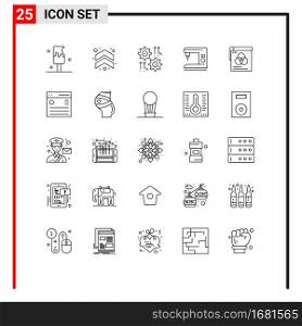 Pack of 25 Modern Lines Signs and Symbols for Web Print Media such as brusher, home, setting, electric, arrow Editable Vector Design Elements