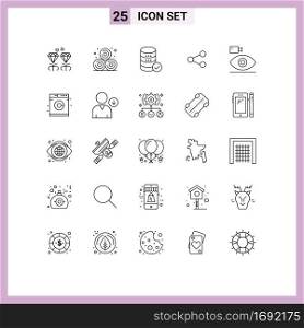 Pack of 25 Modern Lines Signs and Symbols for Web Print Media such as camera, cam, security, sharing, share Editable Vector Design Elements
