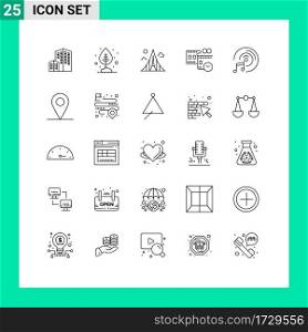 Pack of 25 Modern Lines Signs and Symbols for Web Print Media such as music, time, construction, movie reel, film reel Editable Vector Design Elements