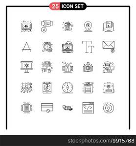 Pack of 25 Modern Lines Signs and Symbols for Web Print Media such as subscription, bank, stool, location, pin Editable Vector Design Elements