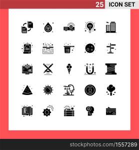 Pack of 25 Modern Solid Glyphs Signs and Symbols for Web Print Media such as building, idea, pollution, education, service Editable Vector Design Elements