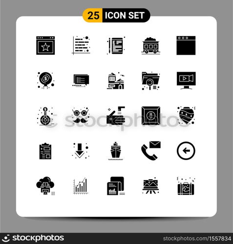 Pack of 25 Modern Solid Glyphs Signs and Symbols for Web Print Media such as transport, pollution, report, school, learning Editable Vector Design Elements
