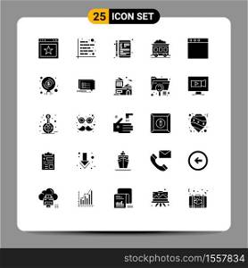 Pack of 25 Modern Solid Glyphs Signs and Symbols for Web Print Media such as transport, pollution, report, school, learning Editable Vector Design Elements