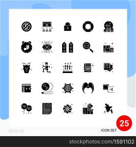 Pack of 25 Modern Solid Glyphs Signs and Symbols for Web Print Media such as money, business, video, recreations, float Editable Vector Design Elements