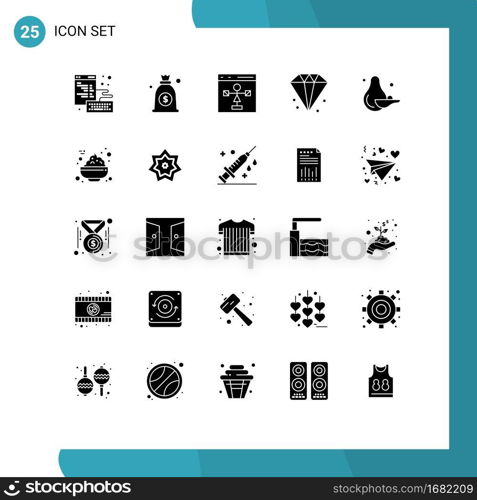 Pack of 25 Modern Solid Glyphs Signs and Symbols for Web Print Media such as fruit, jewelry, develop, finance, business Editable Vector Design Elements
