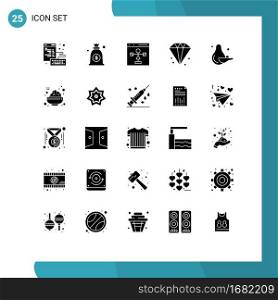 Pack of 25 Modern Solid Glyphs Signs and Symbols for Web Print Media such as fruit, jewelry, develop, finance, business Editable Vector Design Elements