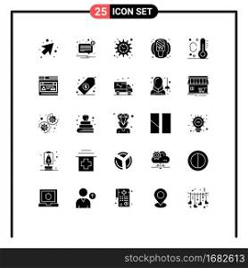 Pack of 25 Modern Solid Glyphs Signs and Symbols for Web Print Media such as interface, thermometer holiday, management, news, journalist Editable Vector Design Elements