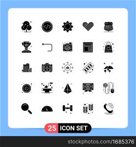 Pack of 25 Modern Solid Glyphs Signs and Symbols for Web Print Media such as sign, valentine, web, love, technology Editable Vector Design Elements
