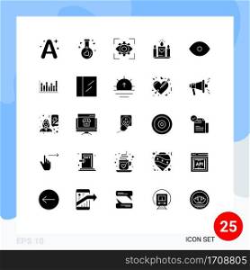 Pack of 25 Modern Solid Glyphs Signs and Symbols for Web Print Media such as eye, heart, eyesight, love, vision Editable Vector Design Elements