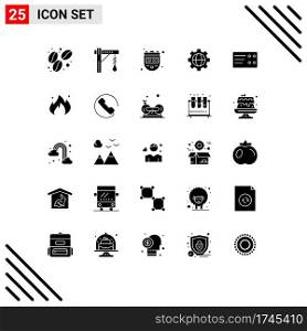 Pack of 25 Modern Solid Glyphs Signs and Symbols for Web Print Media such as fire, ticket, chronometer, globe, gear Editable Vector Design Elements