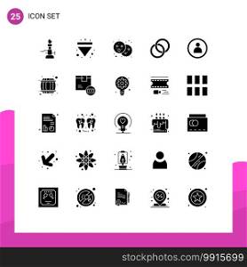 Pack of 25 Modern Solid Glyphs Signs and Symbols for Web Print Media such as disc, couple, down, wedding, party Editable Vector Design Elements