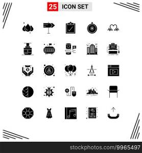 Pack of 25 Modern Solid Glyphs Signs and Symbols for Web Print Media such as transport, wedding, compass, heart, heartbeat Editable Vector Design Elements