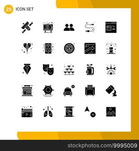 Pack of 25 Modern Solid Glyphs Signs and Symbols for Web Print Media such as wire, electronic, play, cable, user Editable Vector Design Elements