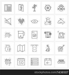 Pack of 25 Universal Line Icons for Web Applications sound, internet, direction, network, focus Vector Illustration