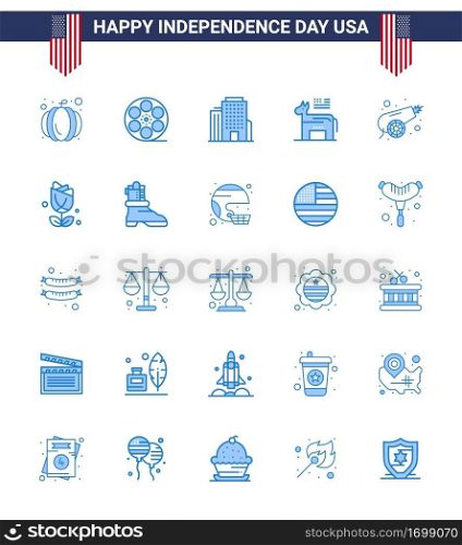 Pack of 25 USA Independence Day Celebration Blues Signs and 4th July Symbols such as weapon; canon; office; army; political Editable USA Day Vector Design Elements