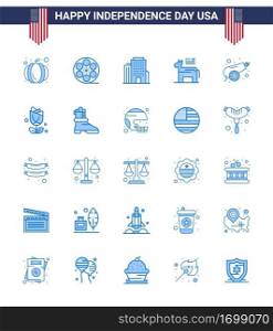 Pack of 25 USA Independence Day Celebration Blues Signs and 4th July Symbols such as weapon; canon; office; army; political Editable USA Day Vector Design Elements