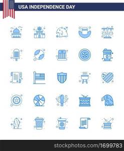 Pack of 25 USA Independence Day Celebration Blues Signs and 4th July Symbols such as law; court; police sign; hat; american Editable USA Day Vector Design Elements