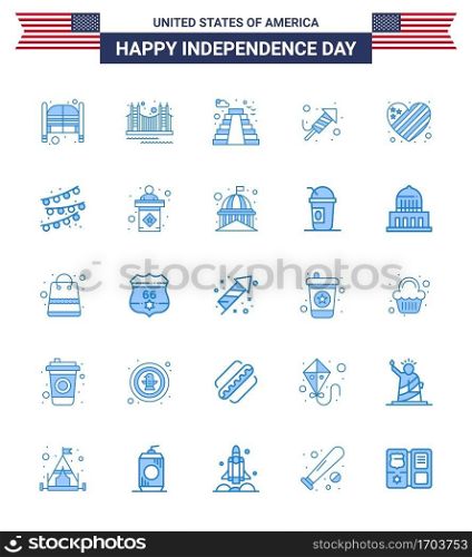 Pack of 25 USA Independence Day Celebration Blues Signs and 4th July Symbols such as festival  fire work  landmark  usa  building Editable USA Day Vector Design Elements