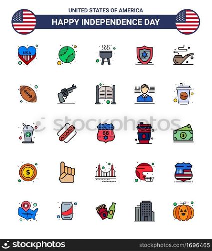 Pack of 25 USA Independence Day Celebration Flat Filled Lines Signs and 4th July Symbols such as ball; smoke; barbecue; pipe; protection Editable USA Day Vector Design Elements