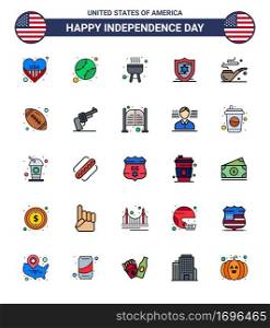 Pack of 25 USA Independence Day Celebration Flat Filled Lines Signs and 4th July Symbols such as ball  smoke  barbecue  pipe  protection Editable USA Day Vector Design Elements