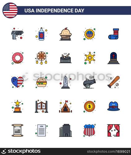 Pack of 25 USA Independence Day Celebration Flat Filled Lines Signs and 4th July Symbols such as christmas; flag; dessert; badge; american Editable USA Day Vector Design Elements