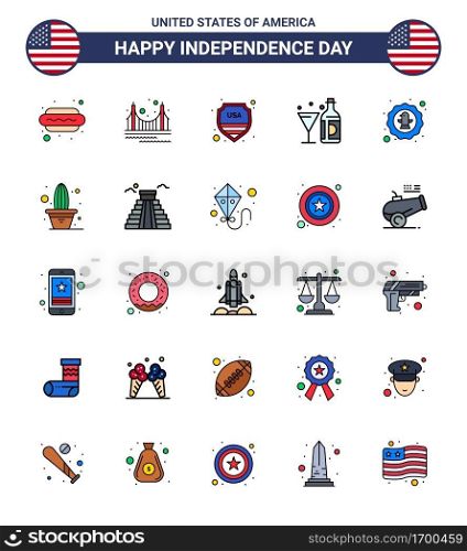 Pack of 25 USA Independence Day Celebration Flat Filled Lines Signs and 4th July Symbols such as glass; american; tourism; wine; usa Editable USA Day Vector Design Elements