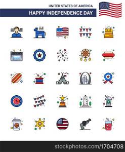 Pack of 25 USA Independence Day Celebration Flat Filled Lines Signs and 4th July Symbols such as cinema  packages  flag  money  paper Editable USA Day Vector Design Elements