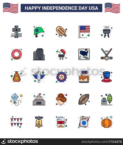 Pack of 25 USA Independence Day Celebration Flat Filled Lines Signs and 4th July Symbols such as cook; barbecue; cream; usa; country Editable USA Day Vector Design Elements