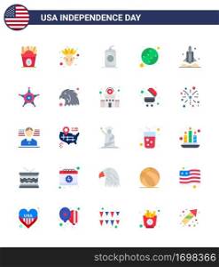 Pack of 25 USA Independence Day Celebration Flats Signs and 4th July Symbols such as spaceship  launcher  cola  united  baseball Editable USA Day Vector Design Elements