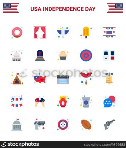 Pack of 25 USA Independence Day Celebration Flats Signs and 4th July Symbols such as american  buntings  animal  ice cream  cream Editable USA Day Vector Design Elements