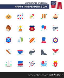 Pack of 25 USA Independence Day Celebration Flats Signs and 4th July Symbols such as muffin  cake  celebration  food  corn dog Editable USA Day Vector Design Elements