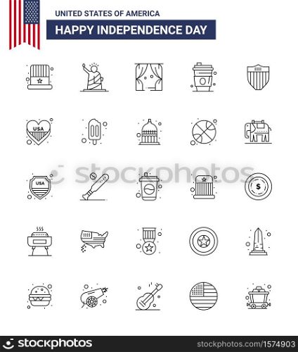 Pack of 25 USA Independence Day Celebration Lines Signs and 4th July Symbols such as american; juice; usa; drink; usa Editable USA Day Vector Design Elements