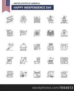 Pack of 25 USA Independence Day Celebration Lines Signs and 4th July Symbols such as transport; rocket; instrument; launcher; plant Editable USA Day Vector Design Elements