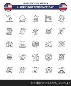 Pack of 25 USA Independence Day Celebration Lines Signs and 4th July Symbols such as usa  flag  sweet  american  statehouse Editable USA Day Vector Design Elements