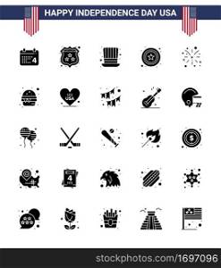 Pack of 25 USA Independence Day Celebration Solid Glyph Signs and 4th July Symbols such as american  firework  day  sign  police Editable USA Day Vector Design Elements