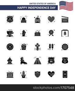Pack of 25 USA Independence Day Celebration Solid Glyph Signs and 4th July Symbols such as tea  video  white  movis  love Editable USA Day Vector Design Elements