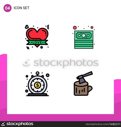 Pack of 4 creative Filledline Flat Colors of badge, loan, romantic heart, payment, quick Editable Vector Design Elements