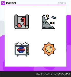 Pack of 4 creative Filledline Flat Colors of location, news, point, fish, tv Editable Vector Design Elements