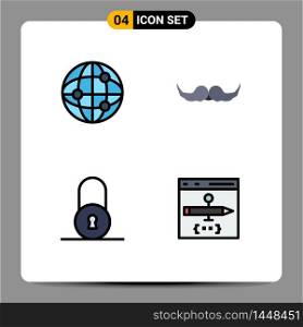 Pack of 4 creative Filledline Flat Colors of world, circular, moustache, male, app Editable Vector Design Elements