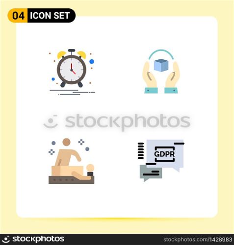 Pack of 4 creative Flat Icons of alarm, relaxation, care, product, wellness Editable Vector Design Elements