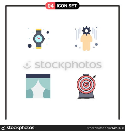 Pack of 4 creative Flat Icons of hand watch, theater, business, curtain, aim Editable Vector Design Elements