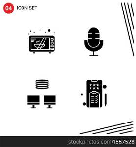 Pack of 4 creative Solid Glyphs of electronics, database, devices, products, marketing Editable Vector Design Elements