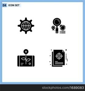 Pack of 4 creative Solid Glyphs of security, economy, internet, finder, report Editable Vector Design Elements