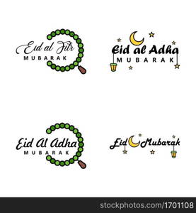 Pack Of 4 Decorative Font Art Design Eid Mubarak with Modern Calligraphy Colorful Moon Stars Lantern Ornaments Surly