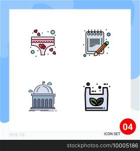 Pack of 4 Modern Filledline Flat Colors Signs and Symbols for Web Print Media such as heart, library, romance, paper, education Editable Vector Design Elements