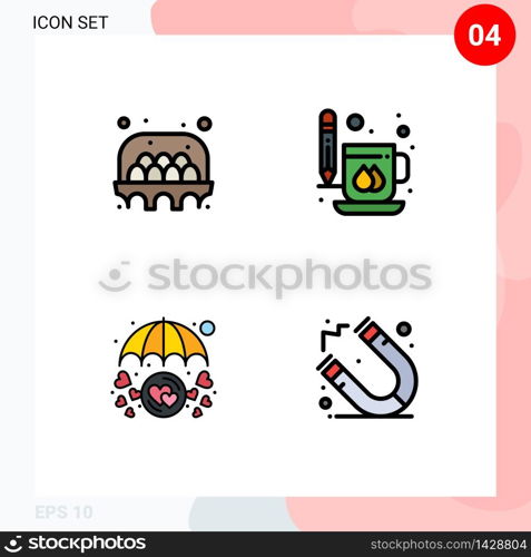 Pack of 4 Modern Filledline Flat Colors Signs and Symbols for Web Print Media such as agriculture, heart, food, drink, love care Editable Vector Design Elements